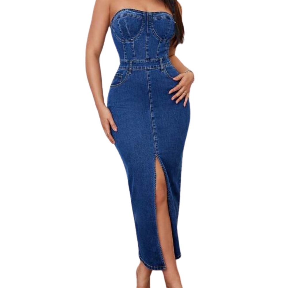 Denim Strapless Midi Dress